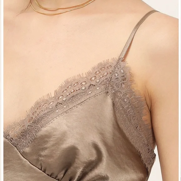 storets Satin Slip Mini Dress in Taupe/Brown silky quite luxury boho festival - Picture 8 of 11